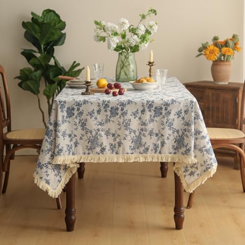 Blau-weiße Tischdecke im Retro-Stil mit Fransen, Tischdecke aus Baumwollleinen im Landhausstil, rustikales Hintergrundtuch für die Fotografie (140 x 140 cm/Tischdecke mit Quaste) von UJNHGQ