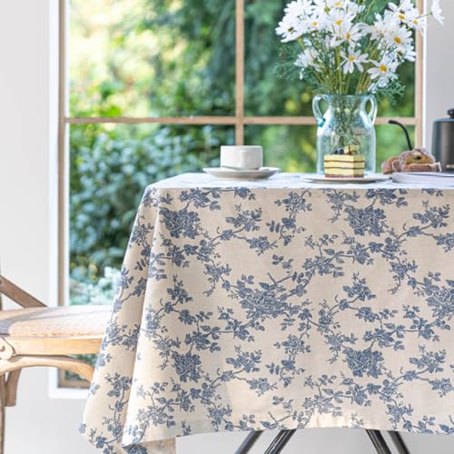 Blaue Tischdecke mit Blumenmuster im Pastoralstil, rechteckige Tischdecke aus Baumwollleinen im Vintage-Stil für Abendessen, Picknick, Kaffeeparty, Tischdekoration (140 x 260 cm/A) von UJNHGQ