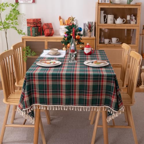 Grüne Karierte Weihnachtstischdecke für rechteckige Tische, Polyester-Tischdecke, perfekt für Feiertagspartys, Essen und Bankette (140 x 100 cm/grüne Karierte Quaste) von UJNHGQ