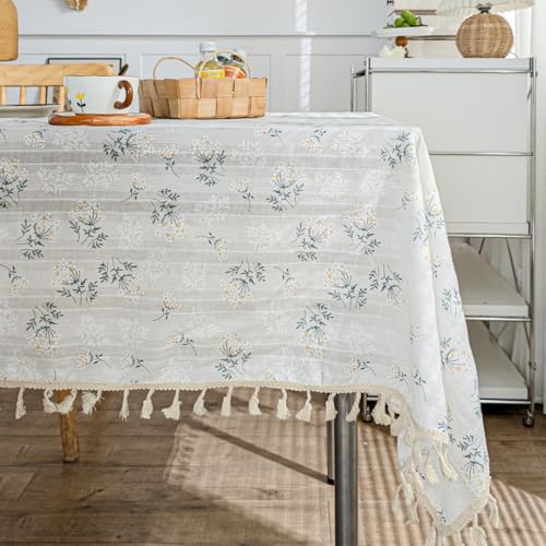 Kleine Tischdecke aus Baumwolle mit Gänseblümchenmuster und Quasten, Teetischdekoration, rechteckige Tischdecke für Küche, Hochzeit, Esszimmer (140 x 260 cm/blau geblümt) von UJNHGQ