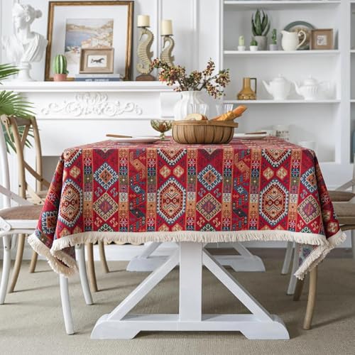 Rote Tischdecke, Exquisite Tischdecken mit Quasten, rustikale Bauernhaus-Tischdecke für Zuhause, Feiertage, Bankette, Esszimmerdekoration (100 x 150 cm/B) von UJNHGQ