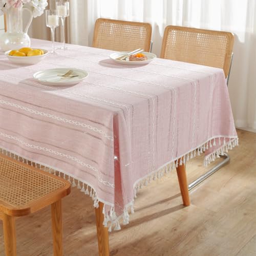 Rustikale Tischdecke mit Stickerei, gestreifte Tischdecke aus Baumwollleinen mit Quaste, schmutzabweisend, staubdicht, für die Dekoration in Küche und Esszimmer (110 x 170 cm/ausgehöhltes Rosa) von UJNHGQ