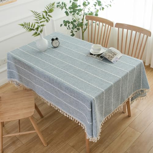 Rustikale Tischdecke mit Stickerei, gestreifte Tischdecke aus Baumwollleinen mit Quaste, schmutzabweisend, staubdicht, für die Dekoration in Küche und Esszimmer (140 x 200 cm/Graublau) von UJNHGQ