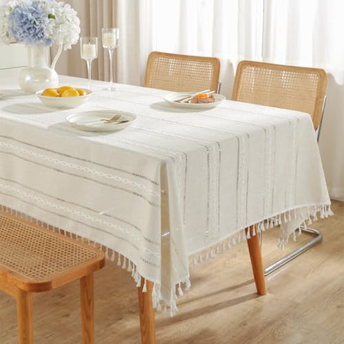Rustikale Tischdecke mit Stickerei, gestreifte Tischdecke aus Baumwollleinen mit Quaste, schmutzabweisend, staubdicht, für die Dekoration in Küche und Esszimmer (140 x 240 cm/ausgehöhltes Weiß) von UJNHGQ