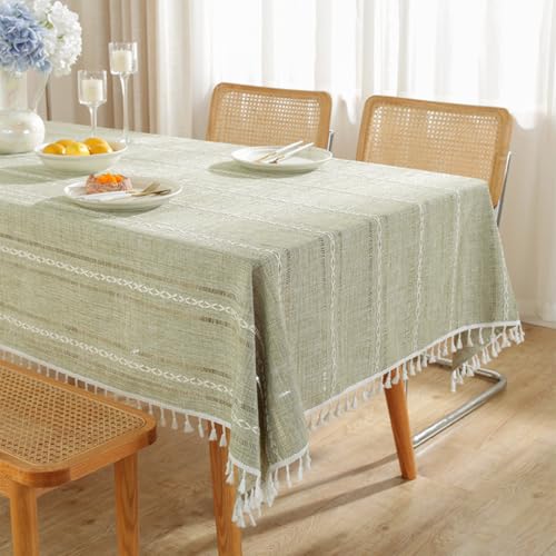 Rustikale Tischdecke mit Stickerei, gestreifte Tischdecke aus Baumwollleinen mit Quaste, schmutzabweisend, staubdicht, für die Dekoration in Küche und Esszimmer (90 x 90 cm/ausgehöhltes Grün) von UJNHGQ