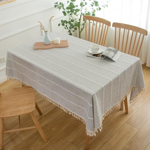 Rustikale Tischdecke mit Stickerei, gestreifte Tischdecke aus Baumwollleinen mit Quaste, schmutzabweisend, staubdicht, für die Dekoration in Küche und Esszimmer (90 x 90 cm/braun) von UJNHGQ