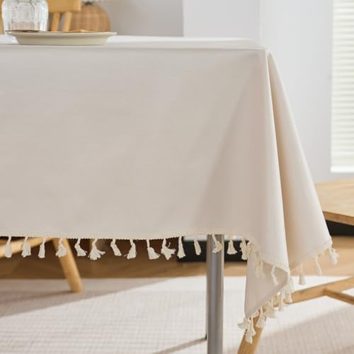 Strukturierte Tischdecken, strapazierfähige rechteckige Tischdecke aus Baumwollleinen im Landhausstil, wasserdichte, knitterfreie rechteckige Tischdecke (140 x 220 cm/Elfenbein) von UJNHGQ