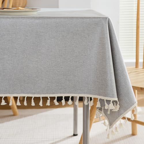 Strukturierte Tischdecken, strapazierfähige rechteckige Tischdecke aus Baumwollleinen im Landhausstil, wasserdichte, knitterfreie rechteckige Tischdecke (140 x 220 cm/Hellgrau) von UJNHGQ