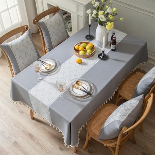 Tischdecke aus Baumwoll-Leinen-Jacquard mit Quaste, wasserdicht, fleckenabweisend, Servietten, Stoff, Heimdekoration, Esszimmertischdecke (140 x 180 cm/grau) von UJNHGQ
