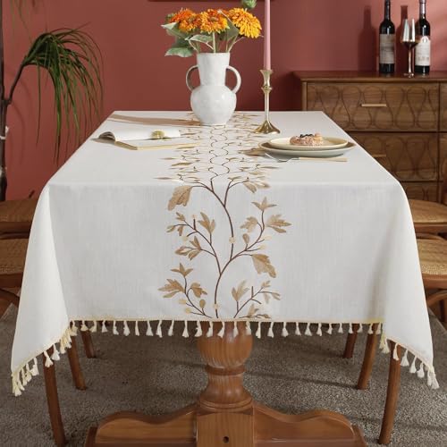 Tischdecke aus Baumwollleinen für Esstisch, rustikale Bauernküche, rechteckige Tischdecke mit Quasten, waschbare Tischdecke (140 x 180 cm/Manguohua Khaki) von UJNHGQ