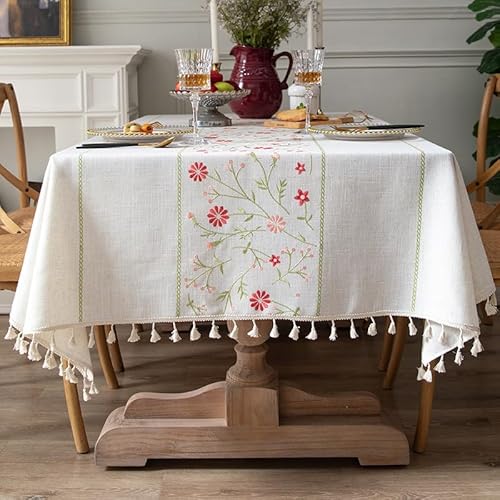 Tischdecken für rechteckige Tische, Tischdecke aus Baumwollleinen, Esstischdecke im Landhausstil, Tischdecken aus weichem Stoff mit Quasten (140 x 240 cm/A) von UJNHGQ