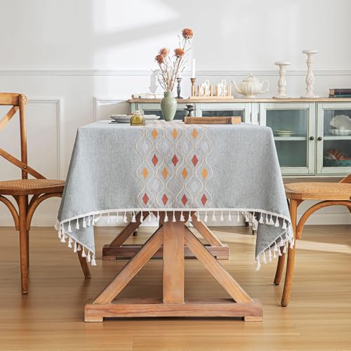 Tischdecken für rechteckige Tische, Tischdecke aus Baumwollleinen im Landhausstil, Tischdecken aus weichem Stoff mit Quasten (140 x 220 cm/I) von UJNHGQ