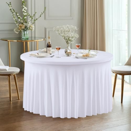 Weiße runde Spandex-Tischdecken für 60-Zoll-Tische, knitterfreie 5-Fuß-Tischdecken mit Rock für Hochzeitsfeiern und Bankette (5FT(R152 x H75cm)/Weiß) von UJNHGQ