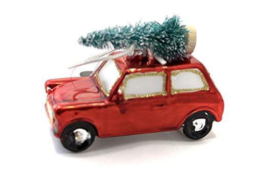 UK Christmas World Christbaumkugel - Rotes Auto mit Weihnachtsbaum auf Dach, Handgefertigt, 10 cm von UK Christmas World