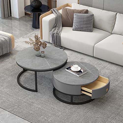 Runder Couchtisch im 2er-Set, Beistelltisch-Set mit Schubladenaufbewahrung, Sofatisch mit Schiefermarmorstruktur und Metallrahmen, moderner Teetisch für Schlafzimmer, Wohnzimmer, Möbeldekoration, Mult von UKALOU