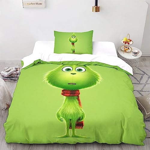 The-Grinch Kuschelige Bettbezüge Mit Cartoon-Animation 3D-Druck 3-teilige Bettwäschesets Aus Mikrofaser Mit Verstecktem Reißverschluss Und Pillowcases Für Eine Angenehme Nachtruhe Single（135x200cm） von UKALOU