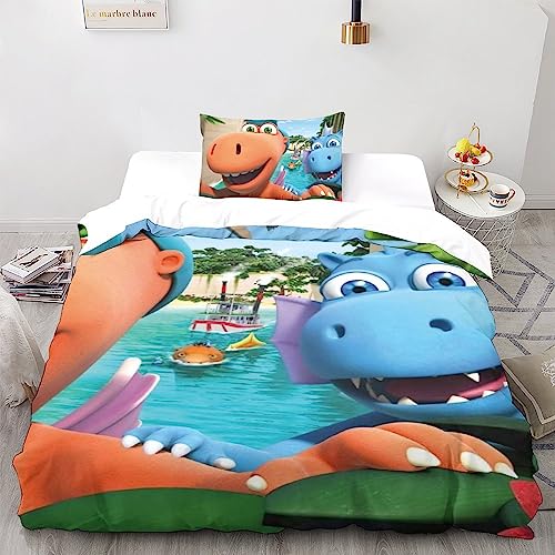 UKALOU Der kleine Drache Kokosnuss Cartoon-Animation 3D Bettwäsche Set Kinder Erwachsene, Microfaser Bettbezug Und Kissenbezüge Mit Reißverschluss Weich Haltbar Atmungsaktive Single（135x200cm） von UKALOU