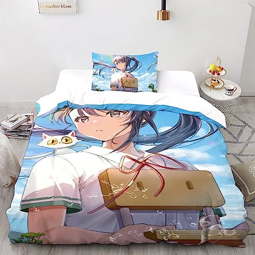 UKALOU Suzume Hochwertiges Anime Bettwäsche-Set 3-teilig - 3D-Druck Bettbezug, Kissenbezüge Und Bettlaken Microfaser Material Für Mädchen Und Jungen Reißverschluss Single（135x200cm） von UKALOU