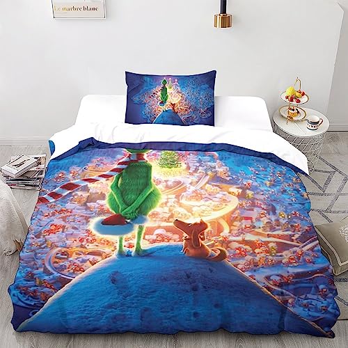 UKALOU The-Grinch Hochwertiges Duvet Cover Set Aus Mikrofaser, Cartoon-Animation 3-teilig - Quilt Cover Mit Verstecktem Reißverschluss Und Pillowcases Für Komfort Und Stil Single（135x200cm） von UKALOU