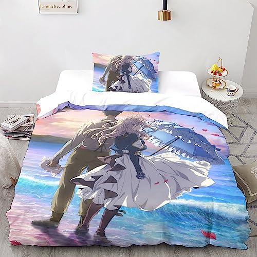 UKALOU Violet Evergarden 3-Piece Duvet Cover Set - 3D Printed Comforter Cover with Hidden Zipper Closure, Microfiber Anime Bedding Set with Pillowcases for A Cozy Night's Sleep Single（135x200cm） von UKALOU