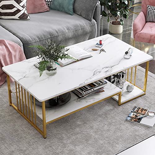 Weißer Couchtisch mit Stauraum, 99 cm große rechteckige Sofatische mit offener Ablage für Wohnzimmer, Mitteltisch, Couchtisch mit Marmor-Finish und Metallrahmen für Wohnzimmer, Esszimmer, Heimbüro-Dek von UKALOU