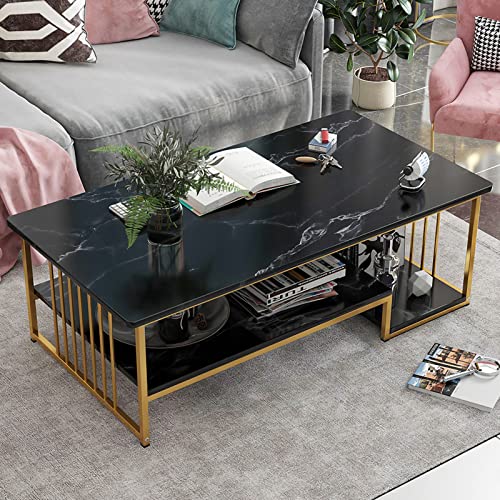 Weißer Couchtisch mit Stauraum, 99 cm große rechteckige Sofatische mit offener Ablage für Wohnzimmer, Mitteltisch, Couchtisch mit Marmor-Finish und Metallrahmen für Wohnzimmer, Esszimmer, Heimbüro-Dek von UKALOU