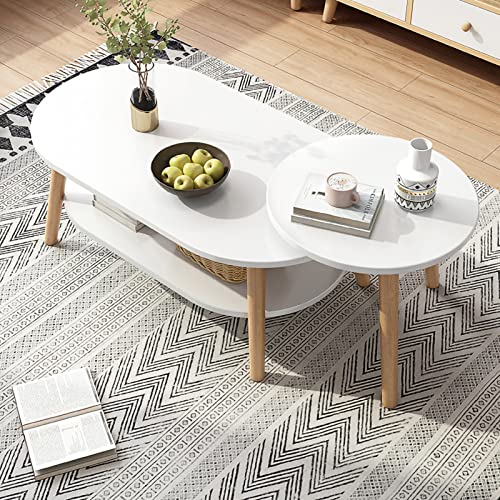 Zusammensetzbarer Couchtisch im 2er-Set, großer ovaler Couchtisch und kleiner runder Beistelltisch mit Ablagefläche, 2-in-1-Sofatisch, Teetisch mit Massivholzbeinen, für Wohnzimmer, Heimbüro, Schlafz von UKALOU