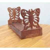Buchstützen Set || Vintage Massivholz Braun Blumenmuster/Muster Hergestellt in Indien Schmetterling Und Florale Spitze Schnittornamente von UKAmobile