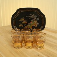Vintage Spirit Servierset - Sechs Gläser Und Worcester Ware Metalllegierung Tablett || Metall Glas Mit Originalkarton von UKAmobile