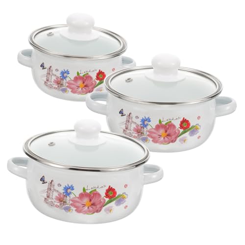 UKCOCO 3 Stück Teiliges Vintage Emaille Kochgeschirr mit Deckel Mini Suppentöpfe mit Doppelgriffen Flache Emaillierte Suppentöpfe für Suppe Induktions und Gasherde Dekoratives von UKCOCO