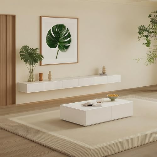 UKETO Floating TV Stand Wall Mounted - Waterproof Entertainment Center with Storage, Modern Wall-Mounted Media Console for Living Room, Engineered Wood, Easy to Install(White,240 cm/94.49 in) von UKETO