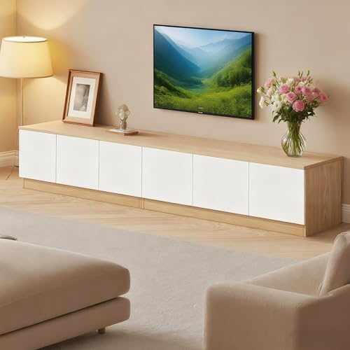UKETO Holz Lowboard für Wohnzimmer - Wasserfest und Fleckenresistent, Modernes TV Board mit Stauraum(White,240CM/94.5IN) von UKETO