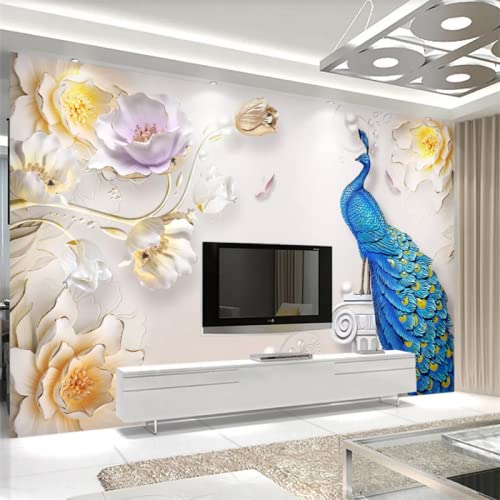 UKEUBAI 3D Wohnzimmer Tapete Geprägte Blumen Pfau TV Hintergrundbild Modernes Schlafzimmer Wandaufkleber Wohnkultur Poster von UKEUBAI
