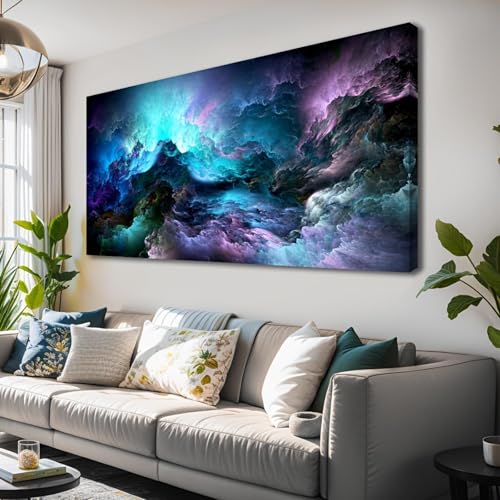 UKIXOM Große Wandkunst, Moderne abstrakte Leinwand-Wandkunst, blaues und Violettes Rauchwolken-Design, für Wohnzimmer, Büro, Schlafzimmer, Dekoration, 50x100cm(20x39 Zoll), Innenrahmen von UKIXOM