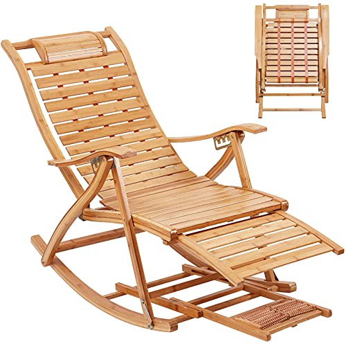 FATIVO Liegestuhl Holz Schaukelstuhl verstellbar Sonnenstuhl,Bambus Sonneliege klappbar mit Armlehne, Fußstütze und Fußmassage von FATIVO