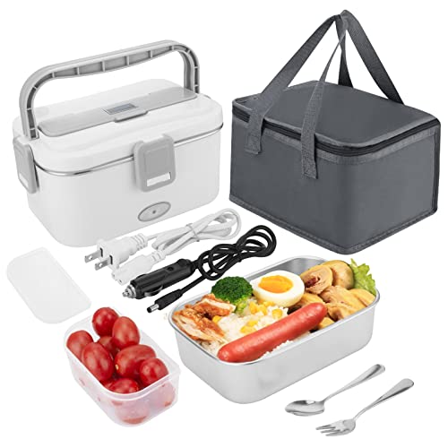 UKOFEW 1.8L Elektrische Lunchbox, 60W Thermobehälter für Essen für Auto, LKW Und Büro Beheizbare Lunchbox 12V 24V Und 220V, Edelstahl Thermoskanne Heißes Essen mit Besteck und Bento-Packung(Weiß) von UKOFEW