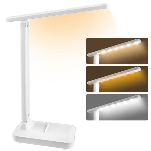 UKOFEW Schreibtischlampe, LED Dimmbare Tischlampe mit USB Ladeanschluss,Kabellos leselampe 3 Farben und 15%-100% Stufenloses Dimmen,Augenfreundliche Nachttischlampe für Kinder,Schlafzimmer,Büros(Weiß) von UKOFEW