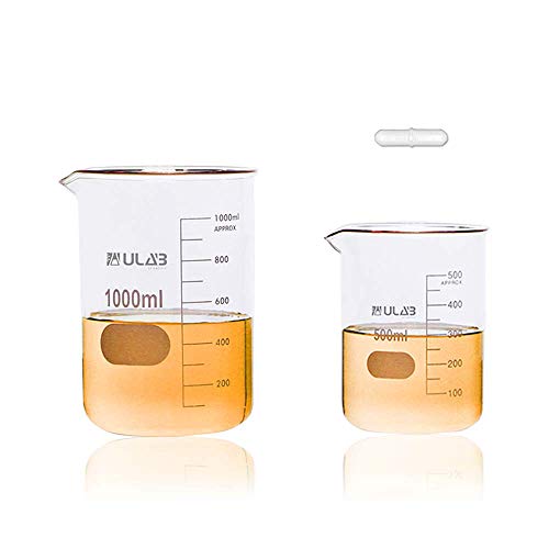 ULAB Glasbecher-Set mit Magnetrührstab, 2 Größen 500 ml 1000 ml, 3.3 Boro Griffin niedrige Form mit gedruckter Graduierung, UBG1021 von ULAB