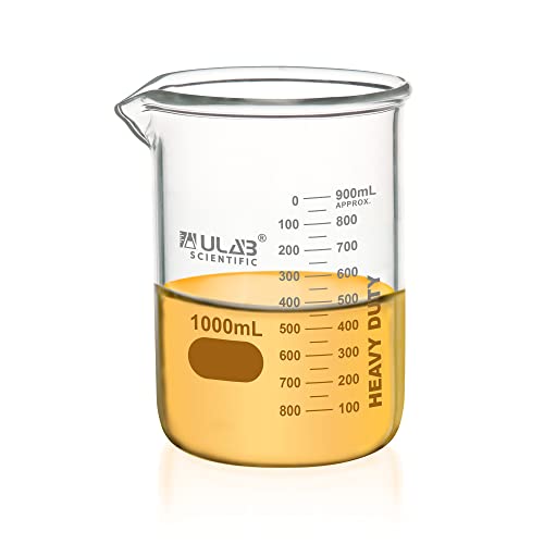 ULAB Hochleistungs Glasbecher, Vol.1000ml (33.8oz), Borosilikat 3.3 Glas, dickwandige Becher, mit doppelter Skala, überlegene Haltbarkeit & chemische Beständigkeit, UBG1064 von ULAB