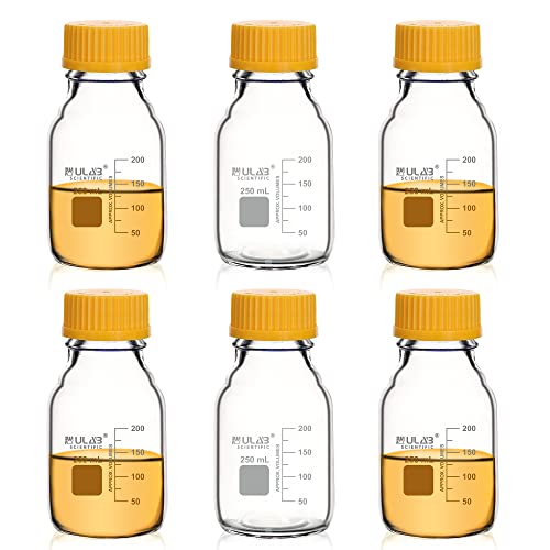 ULAB Runde Laborflaschen Aufbewahrungsflaschen, Vol.250 ml, 3.3 Borosilikat Glasflaschen mit GL45 Schraubverschluss, 6 Stück, URB1036 von ULAB