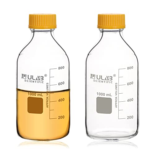 ULAB Runde Medien Laborflaschen Aufbewahrungsflaschen, 1000 ml, 3,3 Borosilikat glasflaschen mit GL45 Schraubverschluss, 2 Stück, URB1040 von ULAB