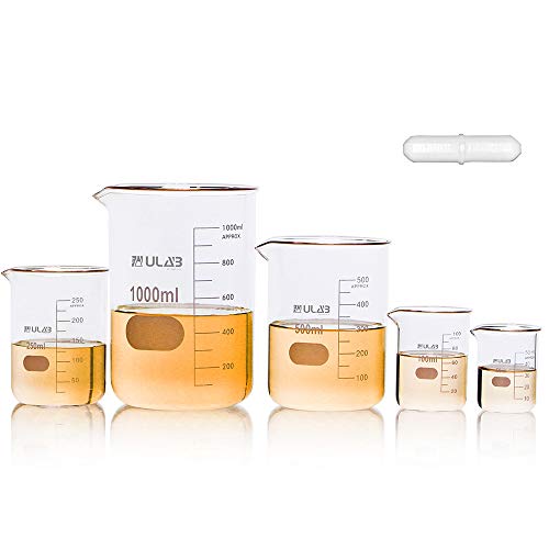 ULAB Scientific Becherglas Set mit Magnetrührstab Angeboten, 5 Größen 50 ml 100 ml 250 ml 500 ml 1000 ml, 3,3 Boro Griffin Niedrige Form mit Aufgedruckter Graduierung, UBG1002 von ULAB