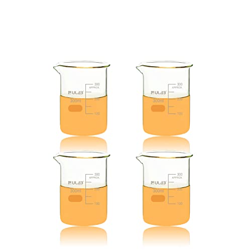 ULAB Scientific Glasbecher, Vol. 300 ml, 3.3 Borosilikat-Griffin niedrige Form mit gedruckter Graduierung, 4 Stück, UBG1034 von ULAB