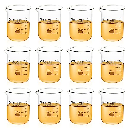 ULAB Scientific Glasbecher Schnapsglas, Vol. 50 ml, 3,3 Borosilikatgriffin, Niedrige Form mit Aufgedruckter Graduierung, 12er-Packung, UBG1013 von ULAB