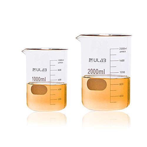 ULAB Scientific Glasbecher-Set 2 Größen 1000 ml 2000 ml 3.3 Borosilikatglas Griffin niedrige Form mit gedruckter Graduierung UBG1018 von ULAB