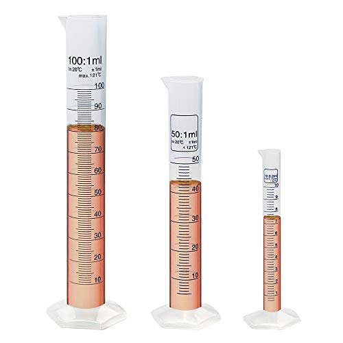 ULAB Scientific Kunststoff-Messzylinder-Set, 3 Größen, 10 ml, 50 ml, 100 ml, PP-Material sechseckiger Basis, blau gedruckte Graduierung, UMC1003 von ULAB