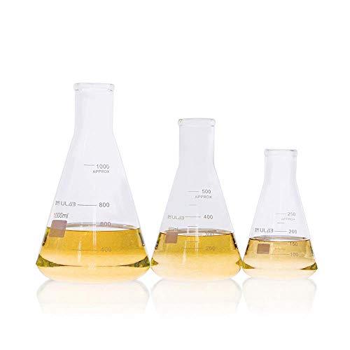 ULAB Scientific UEF1022 Erlenmeyer Flaschen Set, 3 Größen, 250 ml, 500 ml, 1000 ml, 3,3 Borosilikatglas mit aufgedruckter Graduierung von ULAB