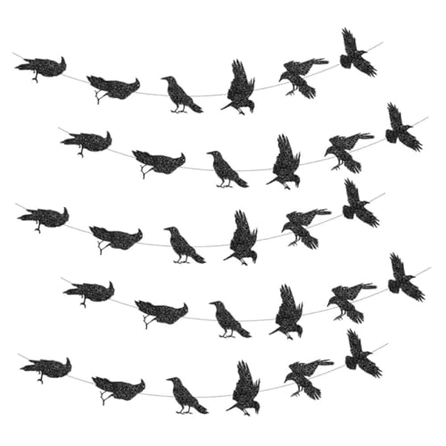 ULDIGI 5 Stück Teiliges Gothic Halloween Krähen Banner mit Schwarzem Glitzer Papiergirlande für Party Schuldekoration Mystische Vogelhänger für Zuhause Karneval und Festtagsfeiern von ULDIGI