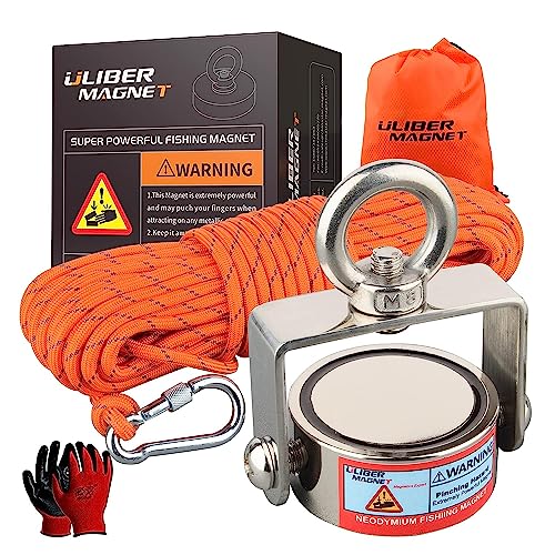 ULIBERMAG Leistungsstarker Angelmagnet Set, drehbarer doppelseitiger Angelmagnet mit Seil, Neodym-Angelmagnet, kombiniert mit 280 kg Zugkraft für Bergung und Heben von ULIBERMAG