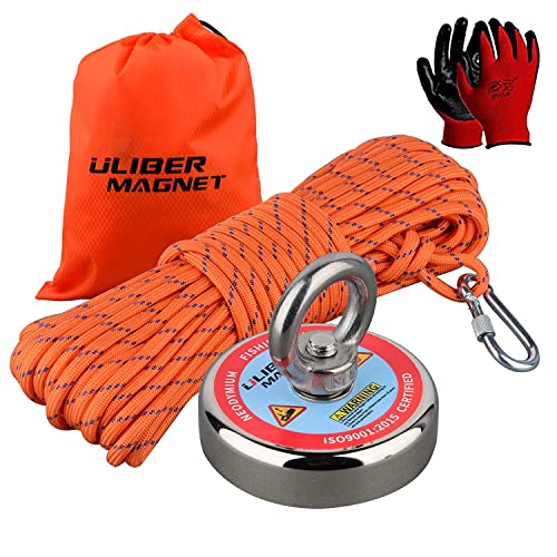 ULIBERMAG Starke Magnete aus Neodym, 180 kg, mit 20 m Nylonseil und rutschfesten Handschuhen für Magnetangeln, Recycling, Schatzsuche im Fluss, See .. von ULIBERMAG
